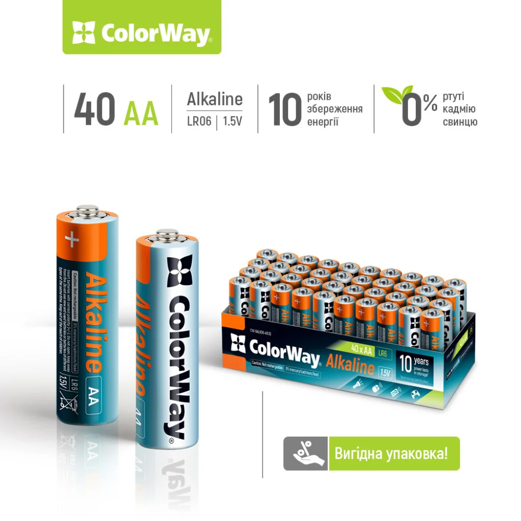 Батарейки СolorWay Alkaline Power лужні AA (40 шт.) colour box (CW-BALR06-40CB)