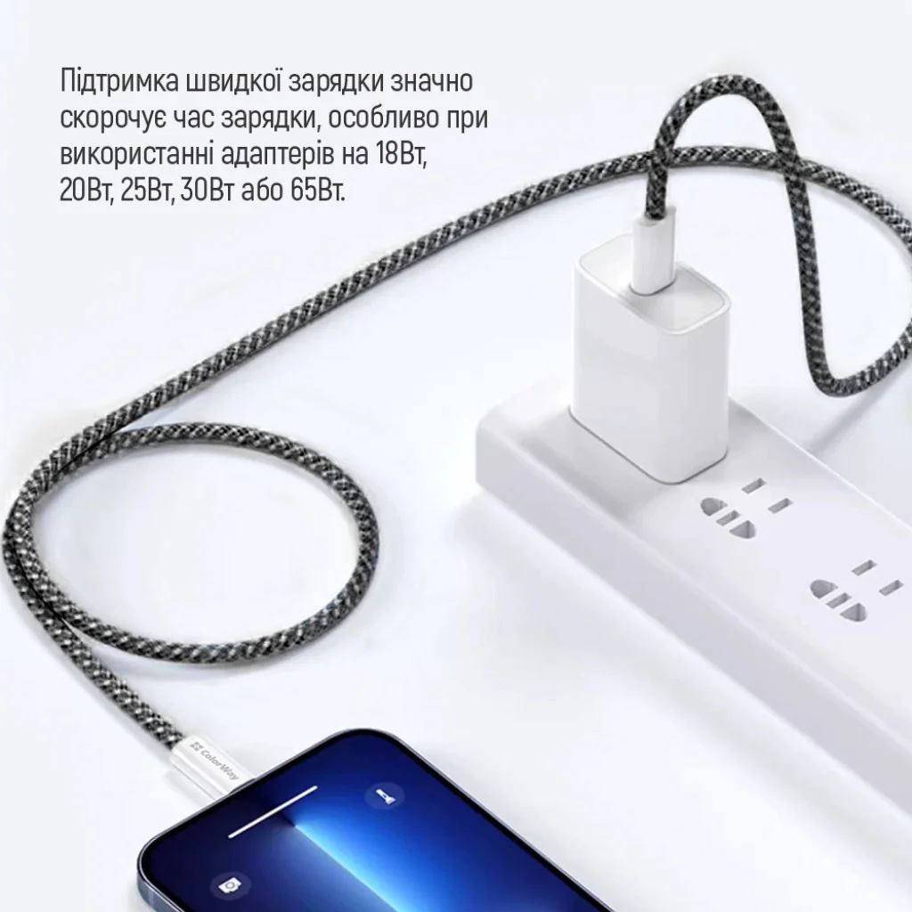 Кабель Colorway Type-C - Type-C (braided cotton) (PD Fast Charging 60W) 3.0А 1м чорний (CW-CBPDCC061-BK)