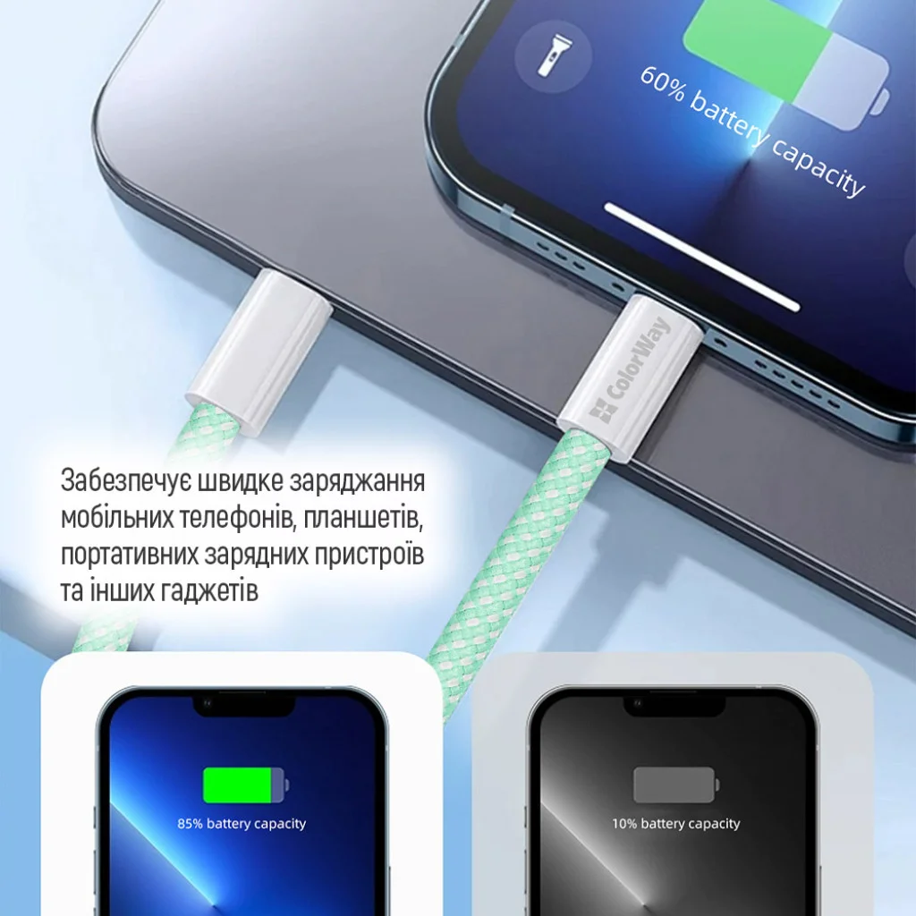 Кабель Colorway Type-C - Type-C (braided cotton) (PD Fast Charging 60W) 3.0А 1м зелений (CW-CBPDCC061-G)