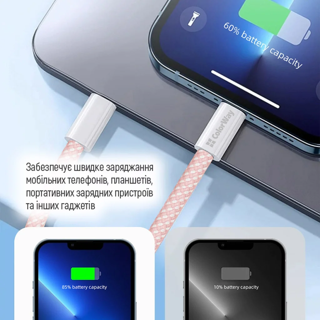Кабель Colorway Type-C - Type-C (braided cotton) (PD Fast Charging 60W) 3.0А 1м рожевий (CW-CBPDCC061-P)
