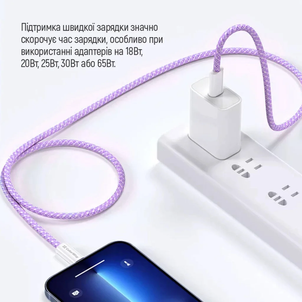 Кабель Colorway Type-C - Type-C (braided cotton) (PD Fast Charging 60W) 3.0А 1м фіолетовий (CW-CBPDCC061-PU)