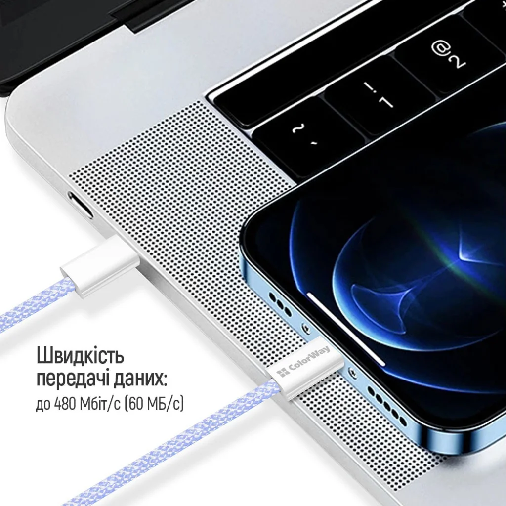 Кабель Colorway Type-C - Type-C (braided cotton) (PD Fast Charging 60W) 3.0А 1м фіолетовий (CW-CBPDCC061-PU)