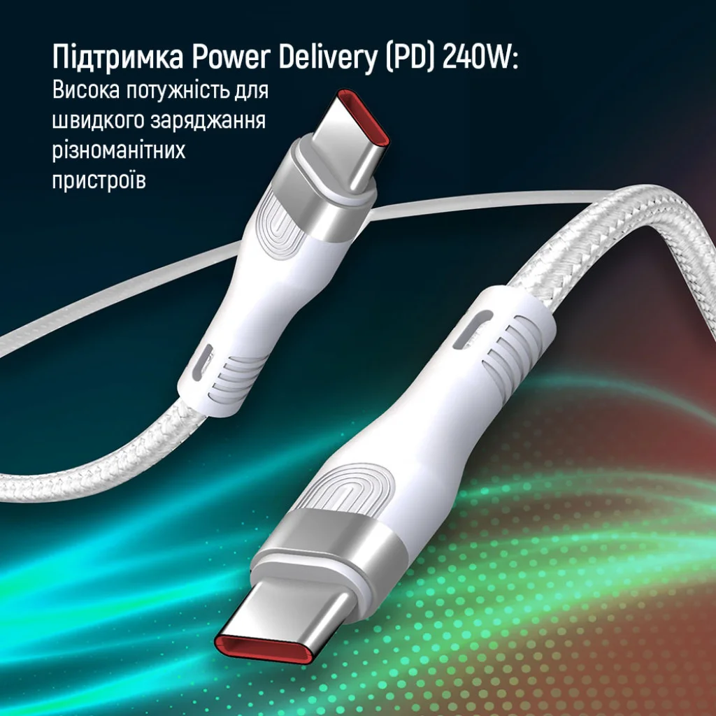 Кабель Colorway Colorway Type-C - Type-C (braided nylon) (PD 240W) 5.0А 1м білий (CW-CBPDCC065-WT)