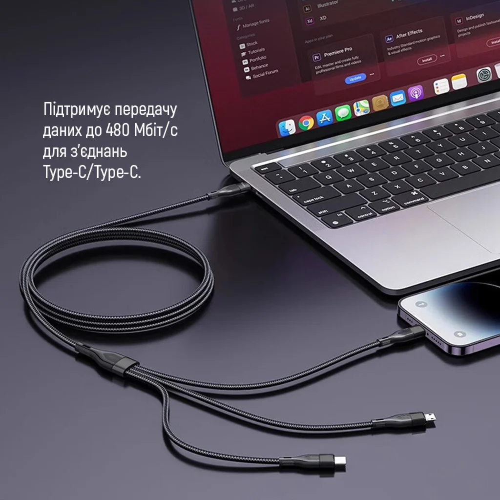 Кабель Colorway Type-C - 3в1 (Lightning+MicroUSB+Type-C) 3.0A (PD60W data) 1.2 чорний (CW-CBPDU3060-BK)