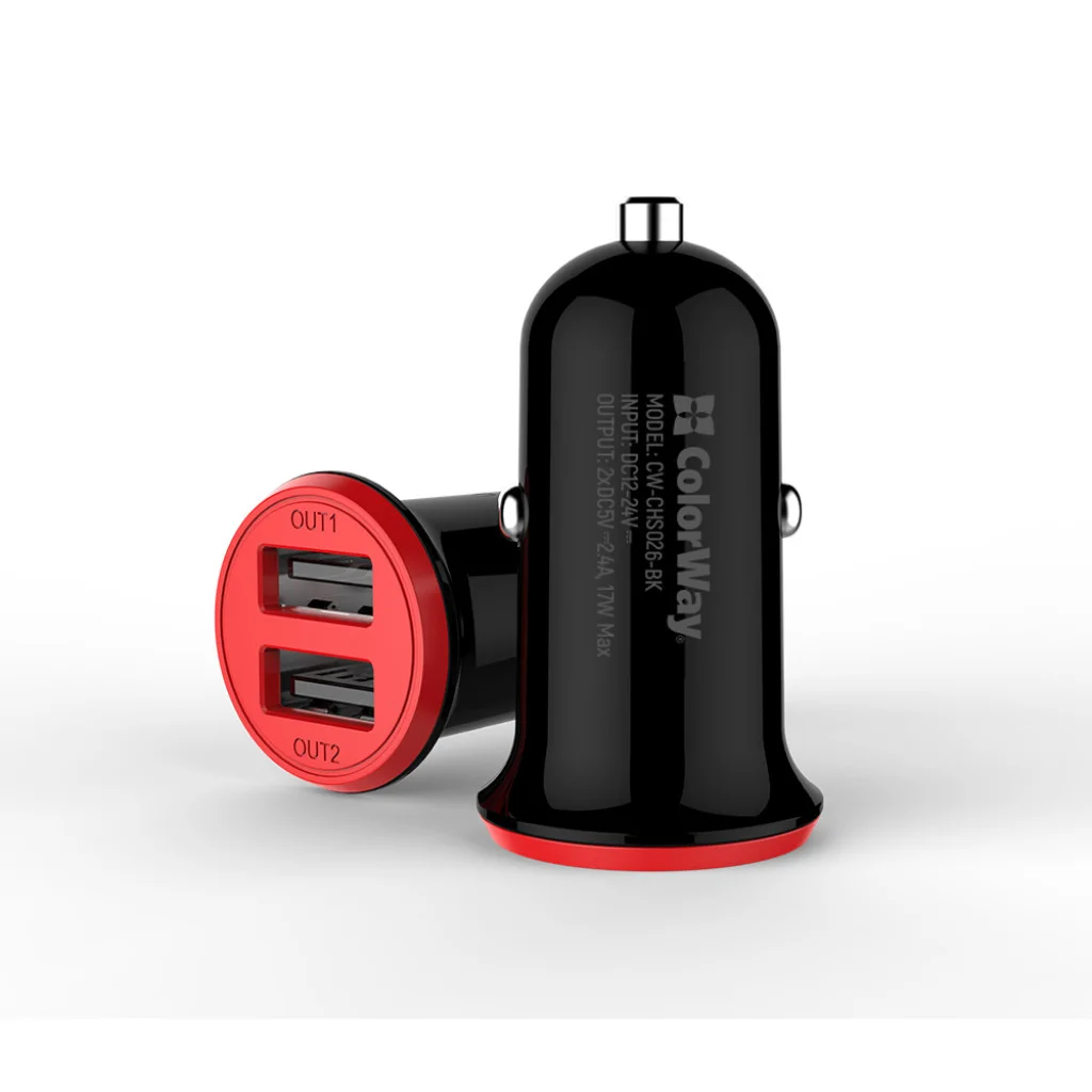 Автомобільний зарядний пристрій ColorWay 2USB AUTO ID 3.4 A (17W) Red/Black (CW-CHA026-BK)