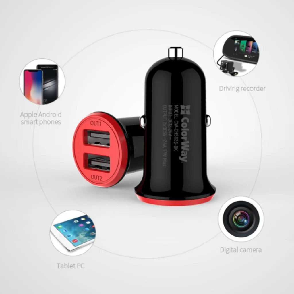 Автомобільний зарядний пристрій ColorWay 2USB AUTO ID 3.4 A (17W) Red/Black (CW-CHA026-BK)
