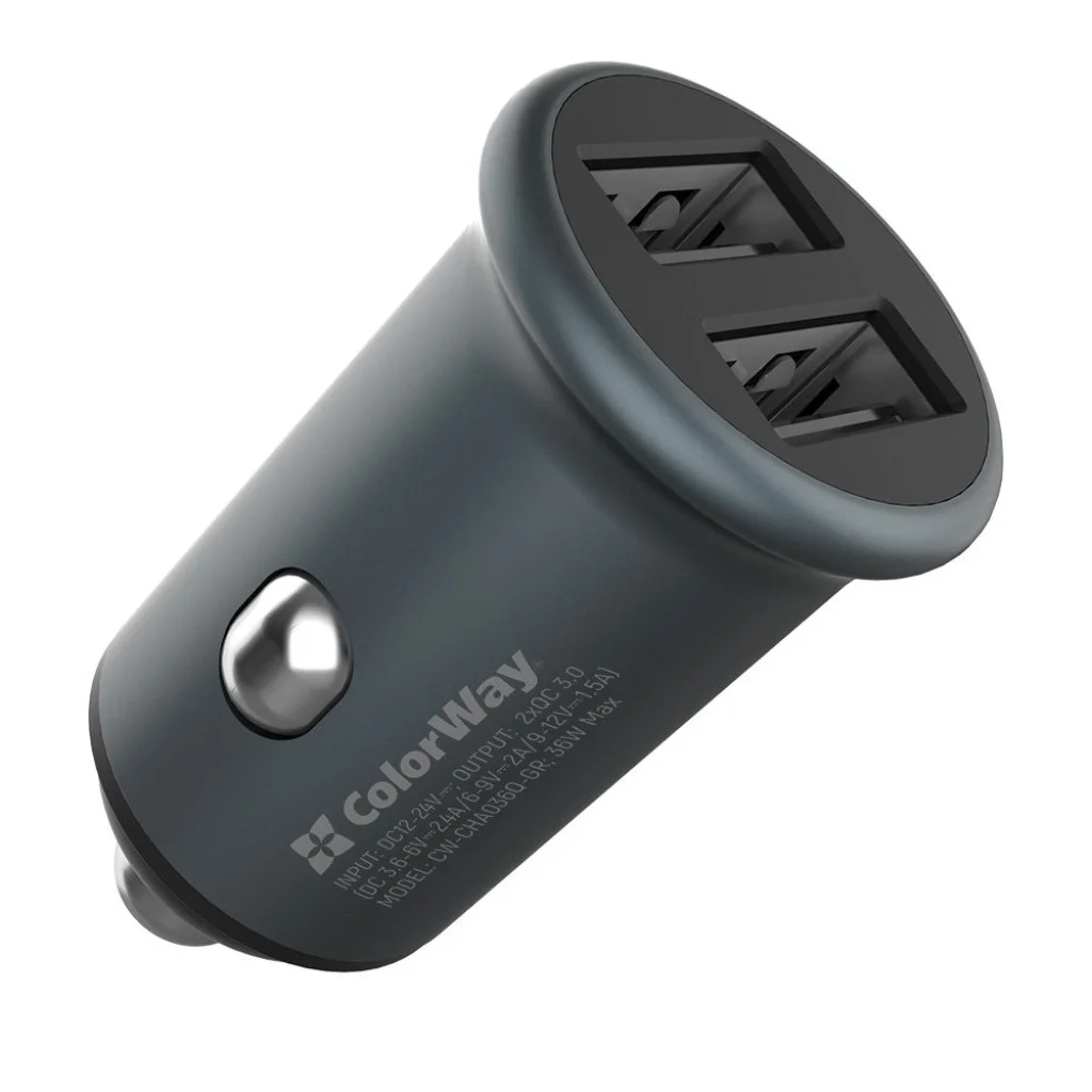 Автомобільний зарядний пристрій ColorWay 2 USB Quick Charge 3.0 (36 W) Grey (CW-CHA036Q-GR)
