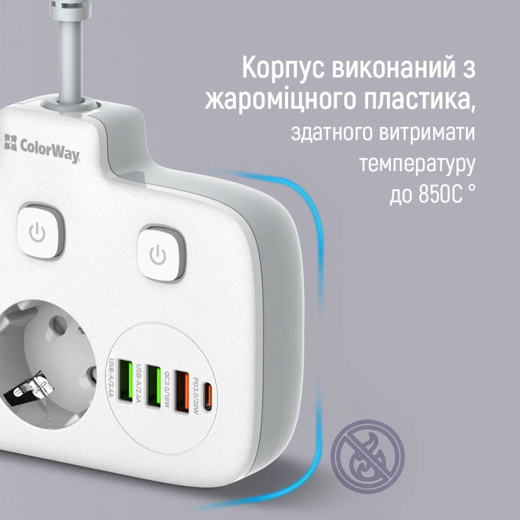 Мережевий фільтр-подовжувач СolorWay 2x220V/3xUSB-A/1xUSB-C (CW-CHE24PDW)