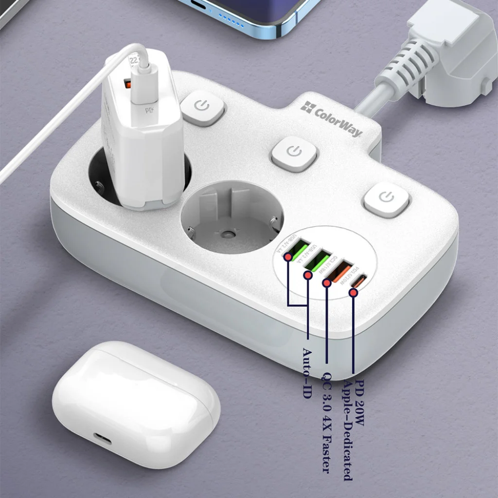 Мережевий фільтр-подовжувач СolorWay 2x220V/3xUSB-A/1xUSB-C (CW-CHE24PDW)