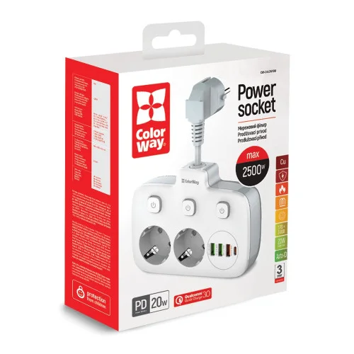 Мережевий фільтр-подовжувач СolorWay 2x220V/3xUSB-A/1xUSB-C (CW-CHE24PDW)