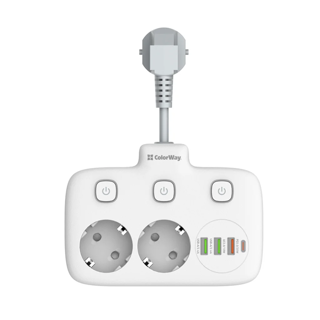 Мережевий фільтр-подовжувач СolorWay 2x220V/3xUSB-A/1xUSB-C (CW-CHE24PDW)