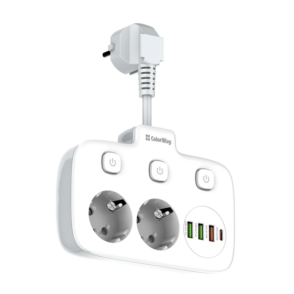 Мережевий фільтр-подовжувач СolorWay 2x220V/3xUSB-A/1xUSB-C (CW-CHE24PDW)
