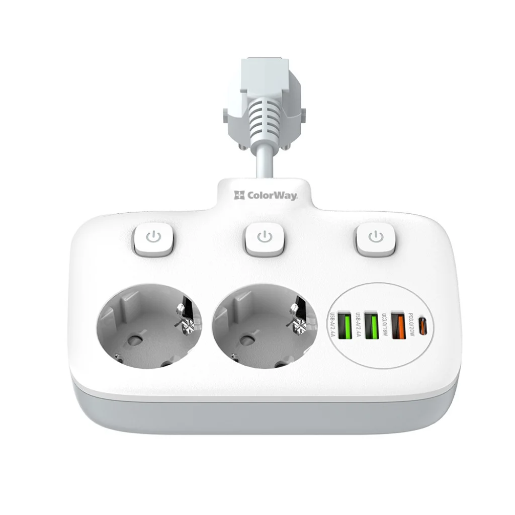 Мережевий фільтр-подовжувач СolorWay 2x220V/3xUSB-A/1xUSB-C (CW-CHE24PDW)