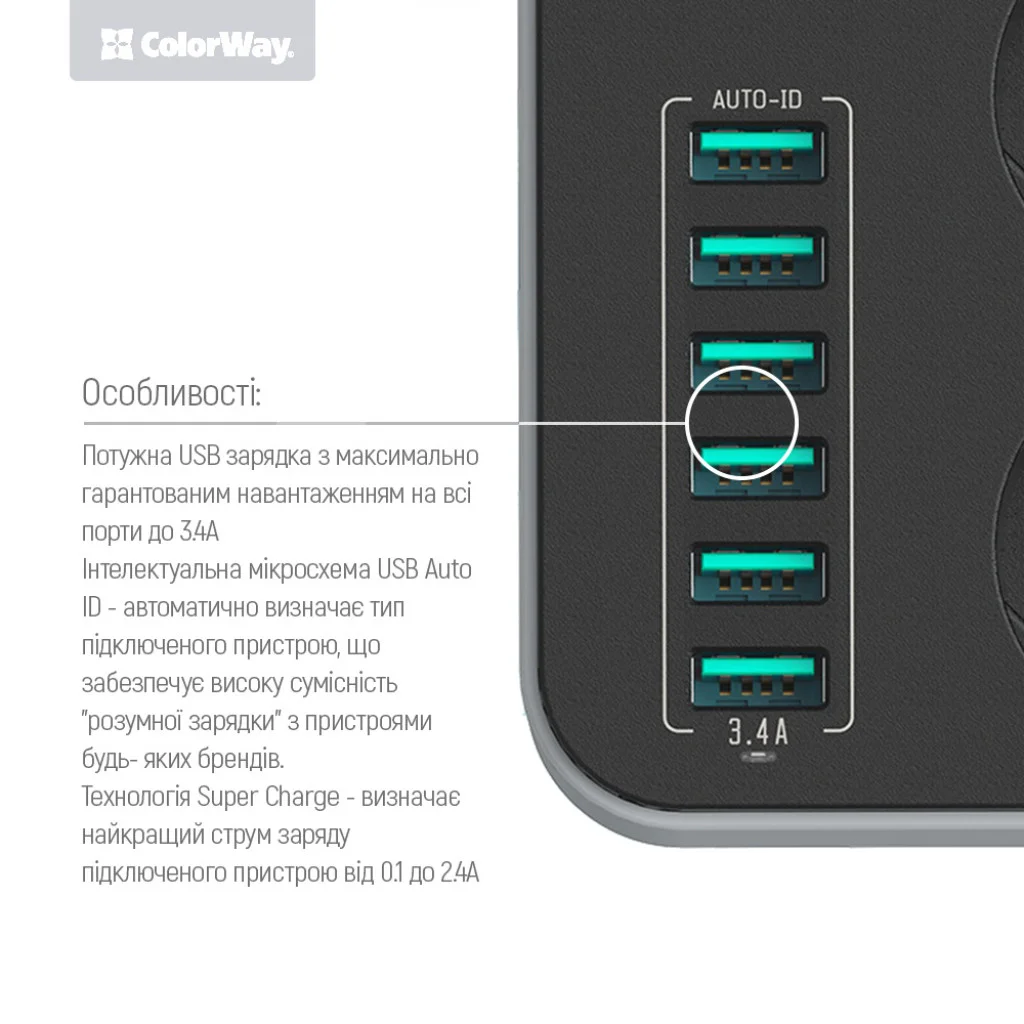 Мережевий фільтр-подовжувач СolorWay 3 розетки/6 USB Black (CW-CHE36B)