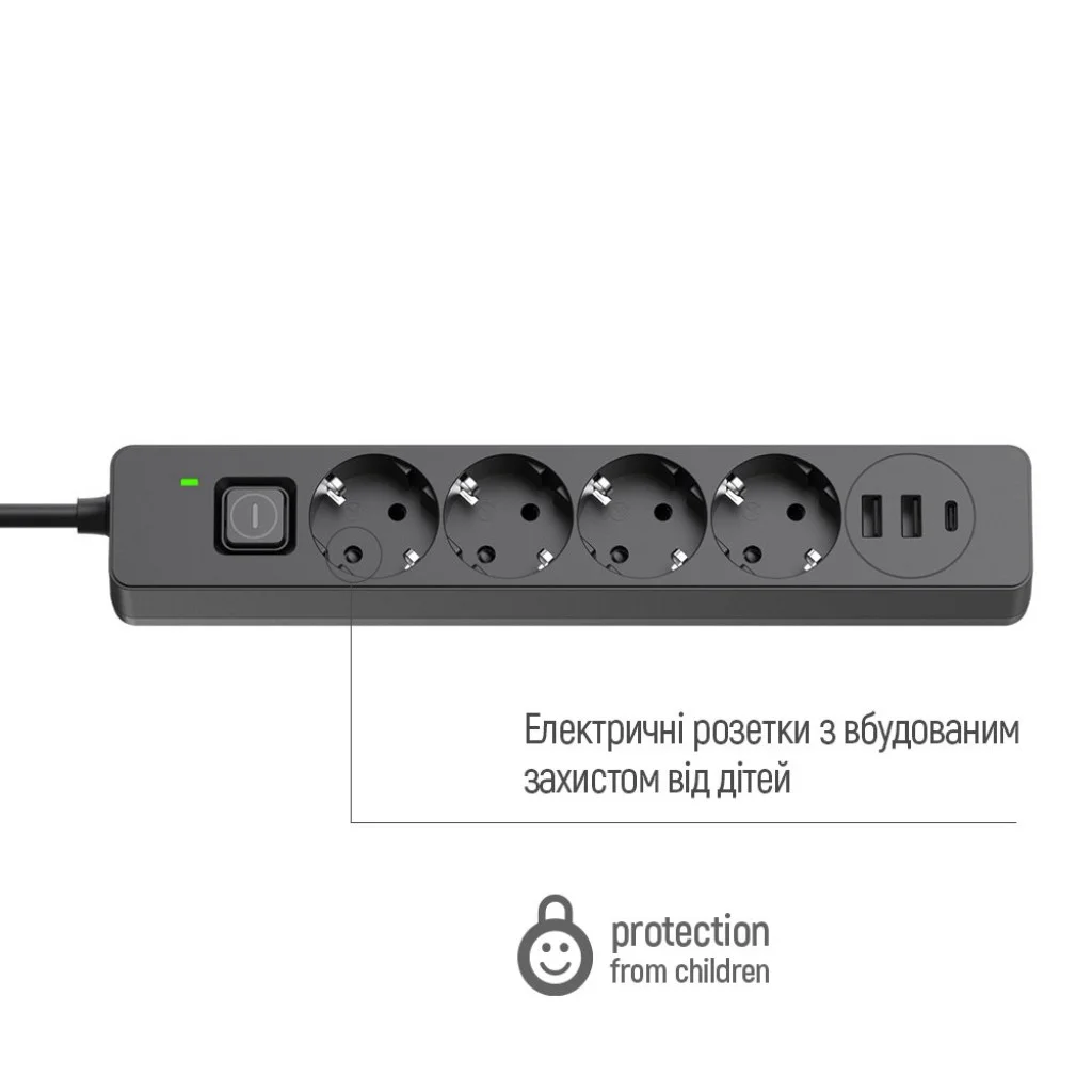 Мережевий фільтр-подовжувач СolorWay 4 розетки/3USB (2USB-A + 1 TYPE-C) (24W) Black 2M (CW-CHE432PDB)