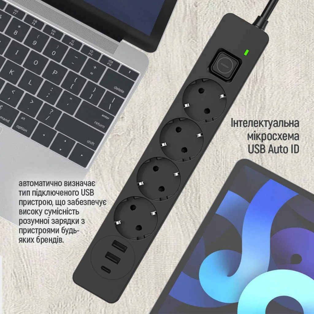 Мережевий фільтр-подовжувач СolorWay 4 розетки/3USB (2USB-A + 1 TYPE-C) (24W) Black 2M (CW-CHE432PDB)