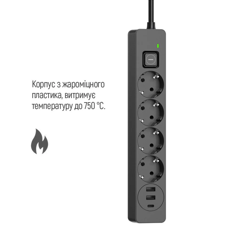 Мережевий фільтр-подовжувач СolorWay 4 розетки/3USB (2USB-A + 1 TYPE-C) (24W) Black 2M (CW-CHE432PDB)
