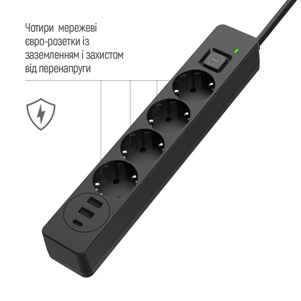 Мережевий фільтр-подовжувач СolorWay 4 розетки/3USB (2USB-A + 1 TYPE-C) (24W) Black 2M (CW-CHE432PDB)