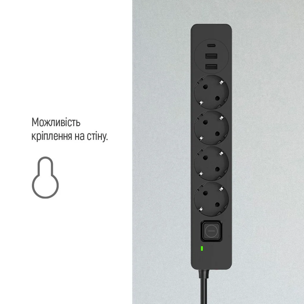 Мережевий фільтр-подовжувач СolorWay 4 розетки/3USB (2USB-A + 1 TYPE-C) (24W) Black 2M (CW-CHE432PDB)