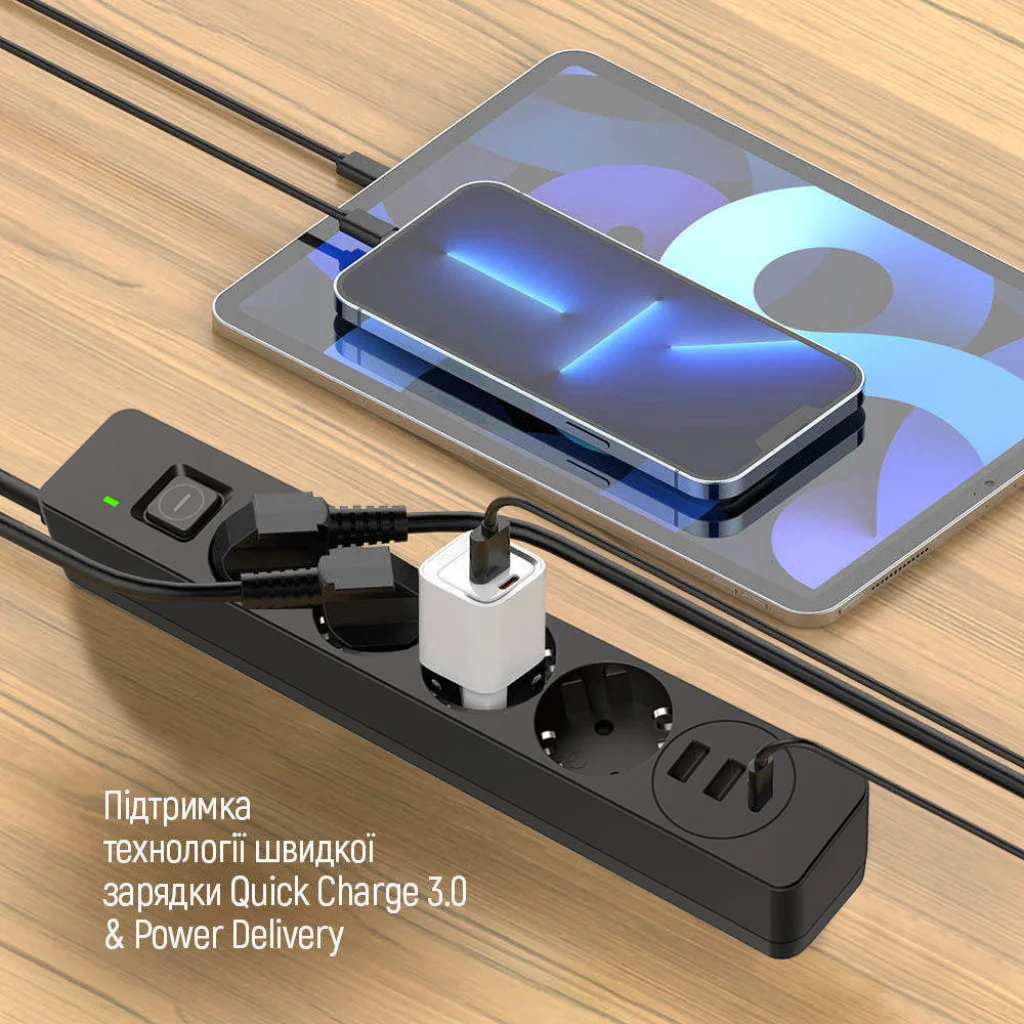 Мережевий фільтр-подовжувач СolorWay 4 розетки/3USB (2USB-A + 1 TYPE-C) (24W) Black 2M (CW-CHE432PDB)