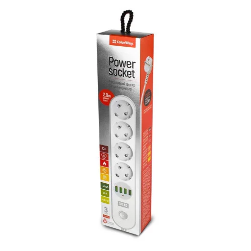 Мережевий фільтр-подовжувач СolorWay 4 розетки/4 USB White (CW-CHE44W)