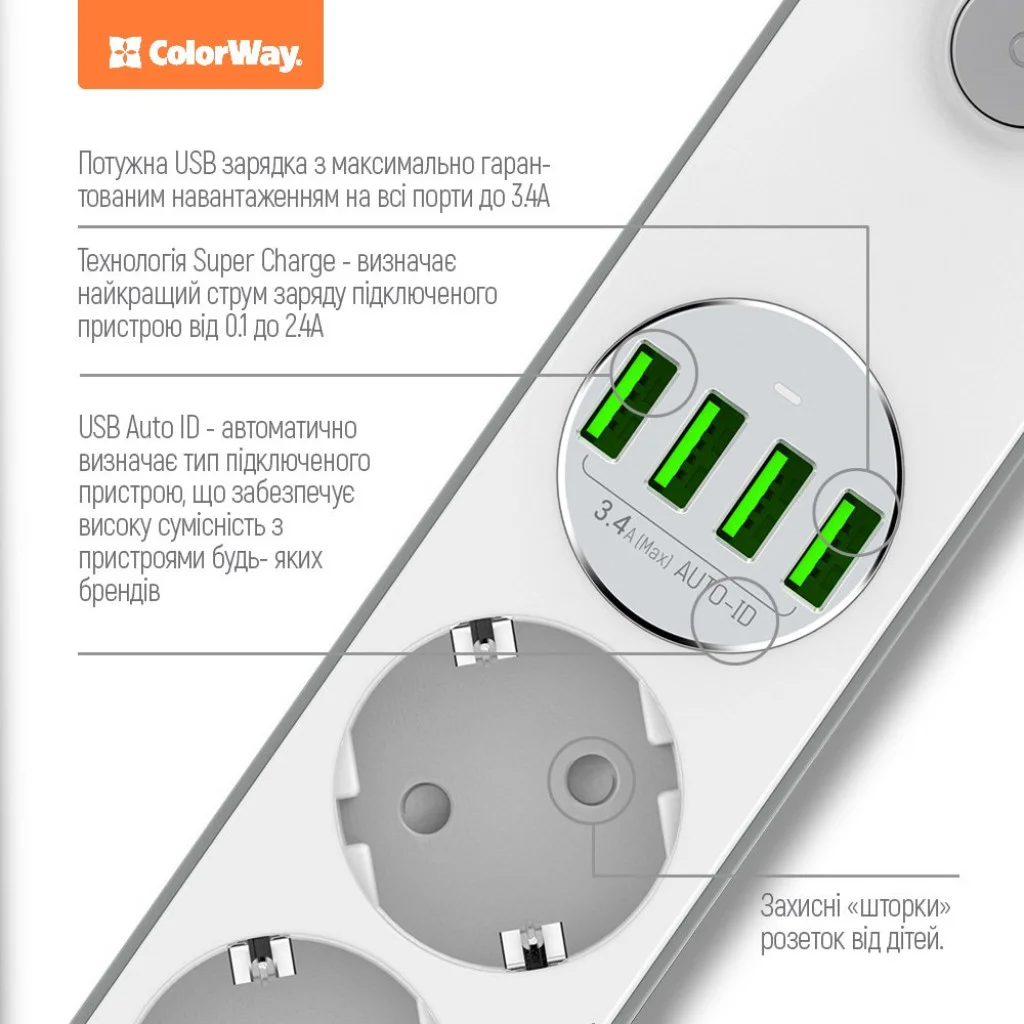 Мережевий фільтр-подовжувач СolorWay 4 розетки/4 USB White (CW-CHE44W)