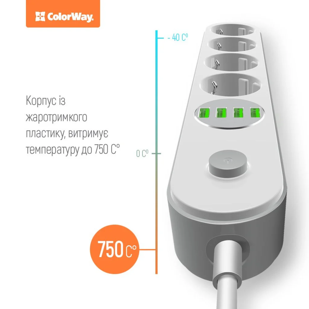 Мережевий фільтр-подовжувач СolorWay 4 розетки/4 USB White (CW-CHE44W)