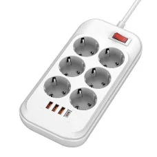 Мережевий фільтр-подовжувач СolorWay 6 розеток/4USB (Type-C PD20W + 3USB QC3.0) (38W) White 2M white