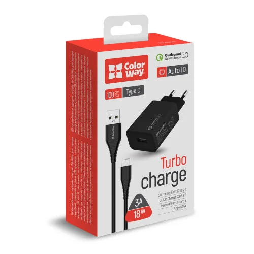 Мережевий зарядний пристрій ColorWay 1USB Quick Charge 3.0 (18W) Black + кабель ..