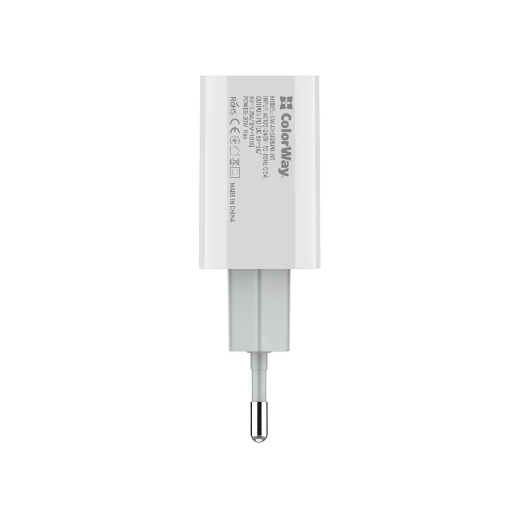 Мережевий зарядний пристрій ColorWay Power Delivery Port USB Type-C (20 W) V2 White (CW-CHS026PD-WT)