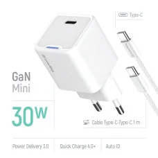 Мережевий зарядний пристрій ColorWay GaN Mini 30W PD Port PPS USB-C білий + cable Type-C (CW-CHS054PDC-WT)