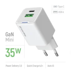 Мережевий зарядний пристрій ColorWay GaN Mini 35W PD Port PPS USB (Type-C PD + USB QC4.0) білий (CW-CHS055PD-WT)