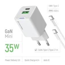 Мережевий зарядний пристрій ColorWay GaN Mini 35W PD Port PPS USB (Type-C PD + USB QC4.0) cable Type-C (CW-CHS055PDC-WT)