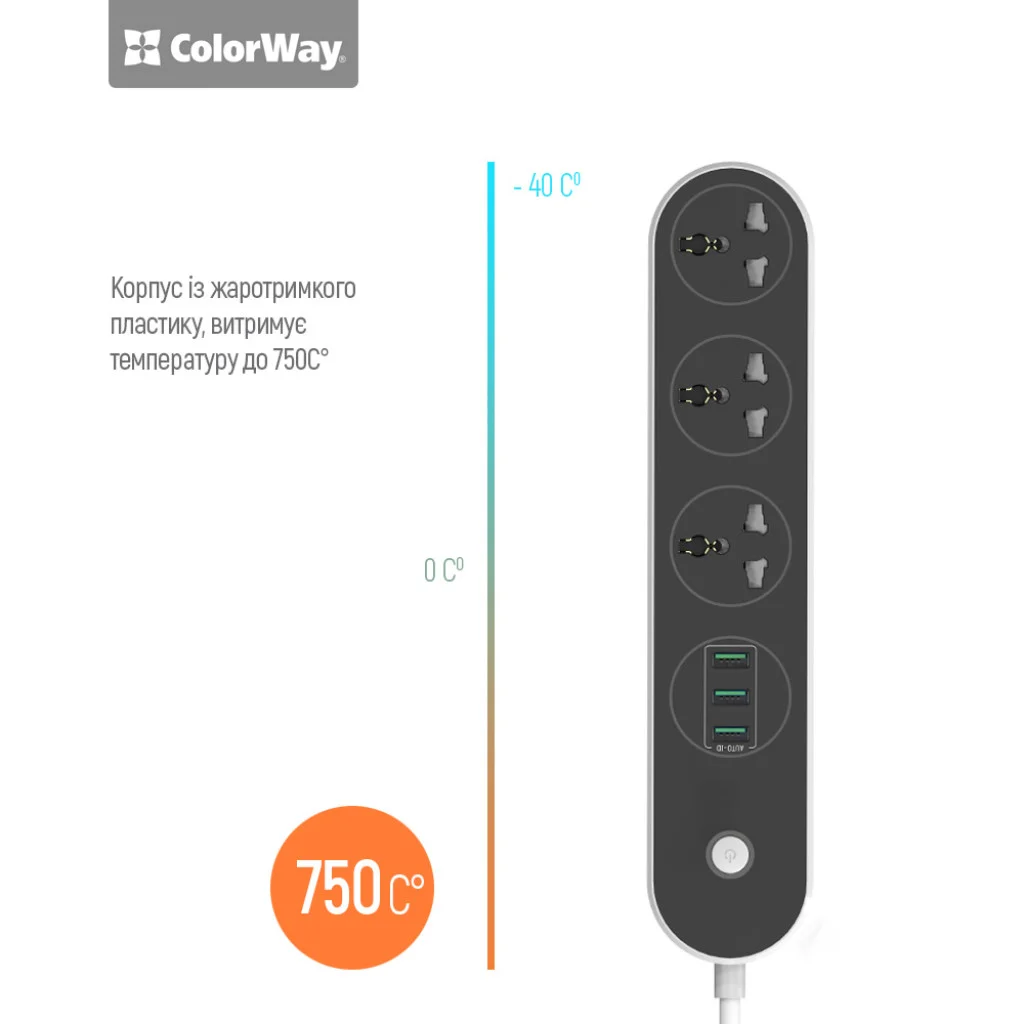 Мережевий подовжувач ColorWay 1.8 м 3 розетки + 3 x USB з вимикачем (CW-CHU33B)