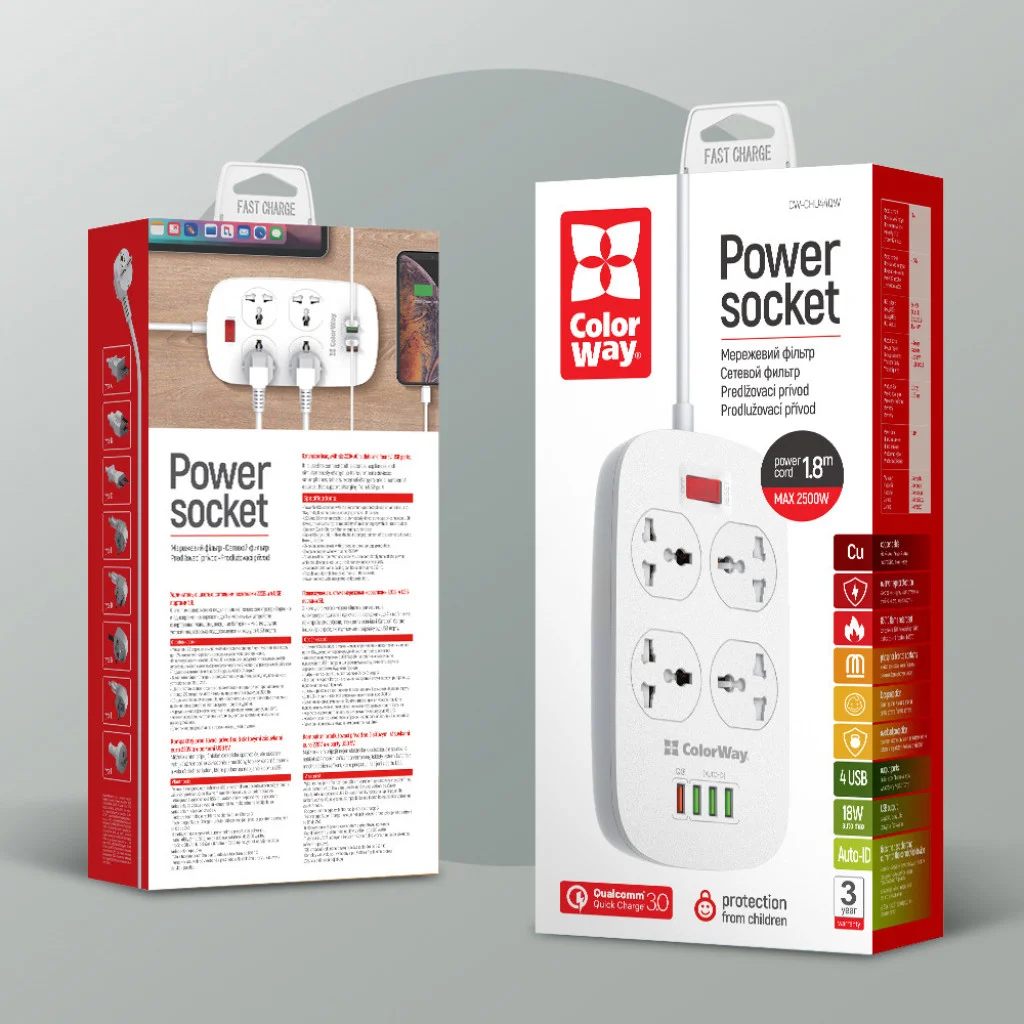 Мережевий фільтр-подовжувач СolorWay 4 розетки/4 USB White (CW-CHU44QW)