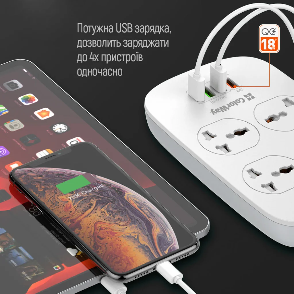 Мережевий фільтр-подовжувач СolorWay 4 розетки/4 USB White (CW-CHU44QW)