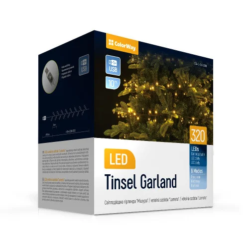 Світлодіодна гірлянда-мішура СolorWay LED 320 10м (8 функцій) теплий колір USB (..