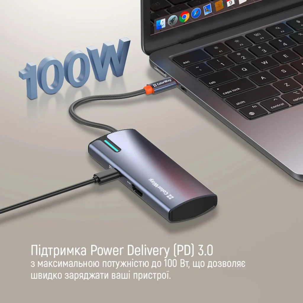 USB хаб (док-станція) СolorWay USB-C 5-в-1 Type C PD 100W/USB3.0х3/HDMI 4К (CW-HUB01)