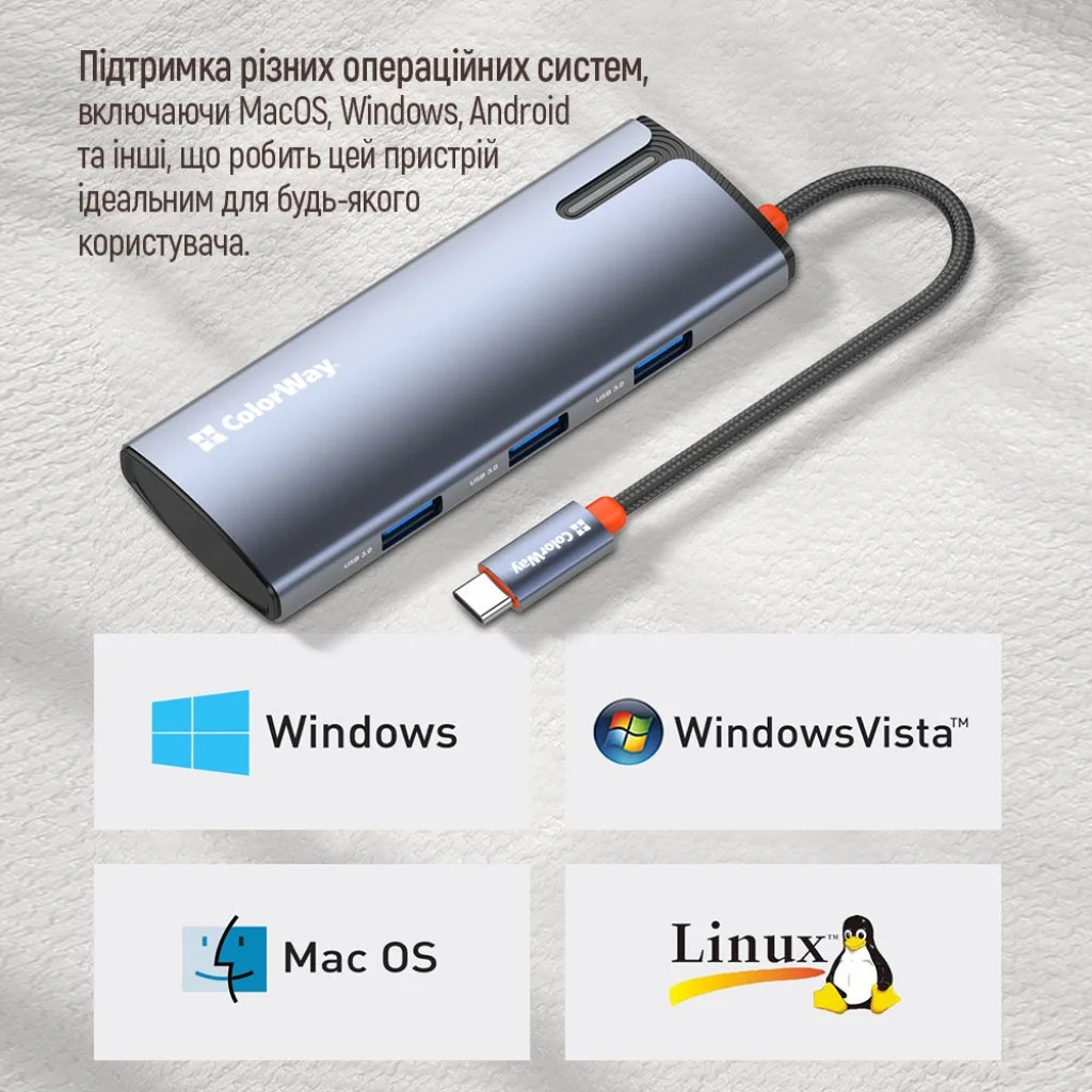 USB хаб (док-станція) СolorWay USB-C 5-в-1 Type C PD 100W/USB3.0х3/HDMI 4К (CW-HUB01)