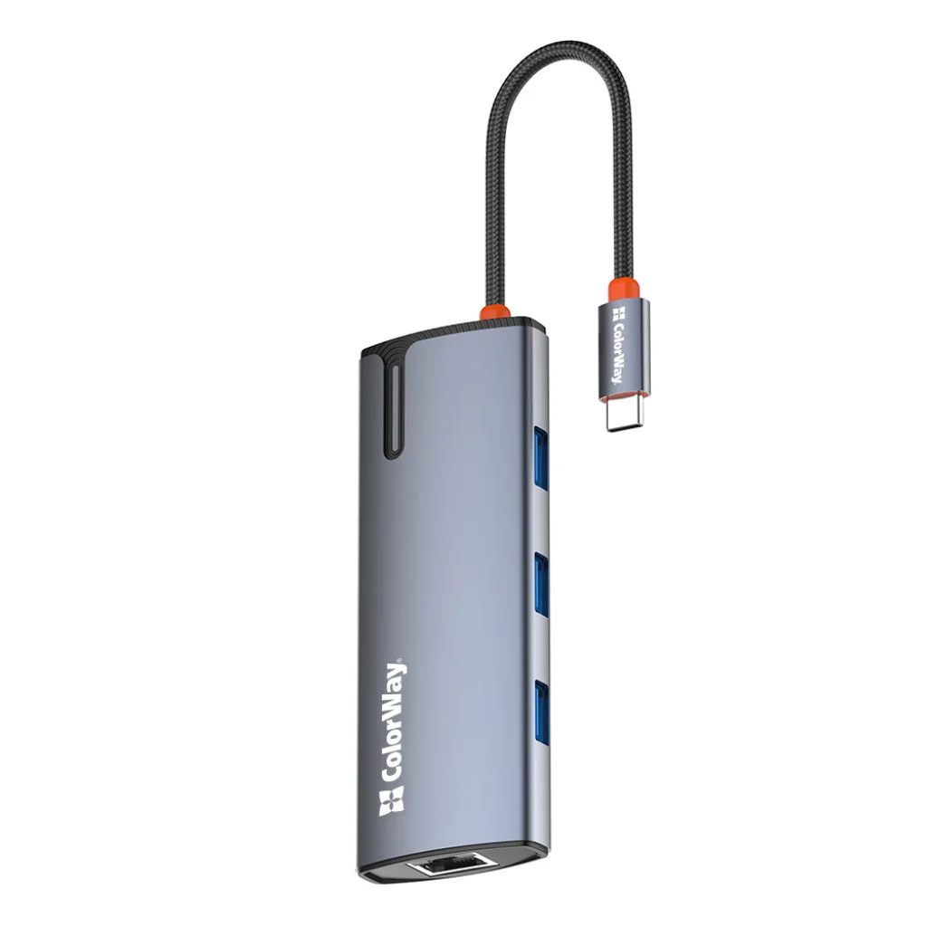 USB хаб (док-станція) СolorWay USB-C 6-в-1 Type C PD 100W/USB3.0х3/HDMI 4К/RJ45 (CW-HUB02)