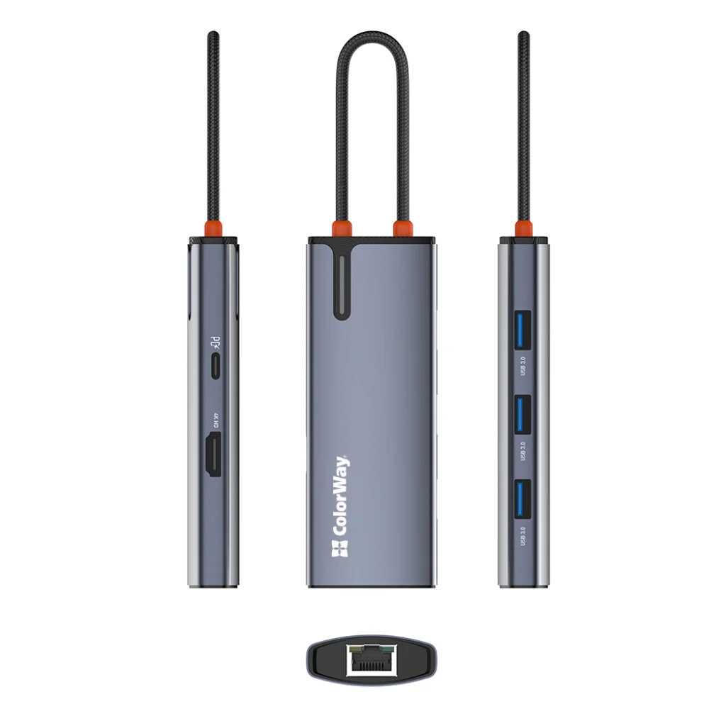 USB хаб (док-станція) СolorWay USB-C 6-в-1 Type C PD 100W/USB3.0х3/HDMI 4К/RJ45 (CW-HUB02)