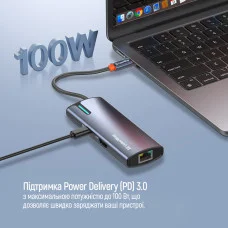 USB хаб (док-станція) СolorWay USB-C 6-в-1 Type C PD 100W/USB3.0х3/HDMI 4К/RJ45 (CW-HUB02)