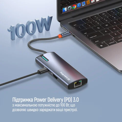 USB хаб (док-станція) СolorWay USB-C 6-в-1 Type C PD 100W/USB3.0х3/HDMI 4К/RJ45 ..
