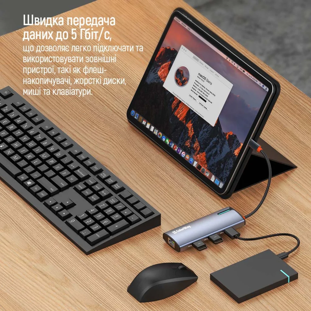 USB хаб (док-станція) СolorWay USB-C 6-в-1 Type C PD 100W/USB3.0х3/HDMI 4К/RJ45 (CW-HUB02)
