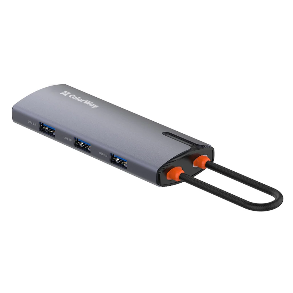 USB хаб (док-станція) СolorWay USB-C 6-в-1 Type C PD 100W/USB3.0х3/USB2.0/RJ45 (CW-HUB03)