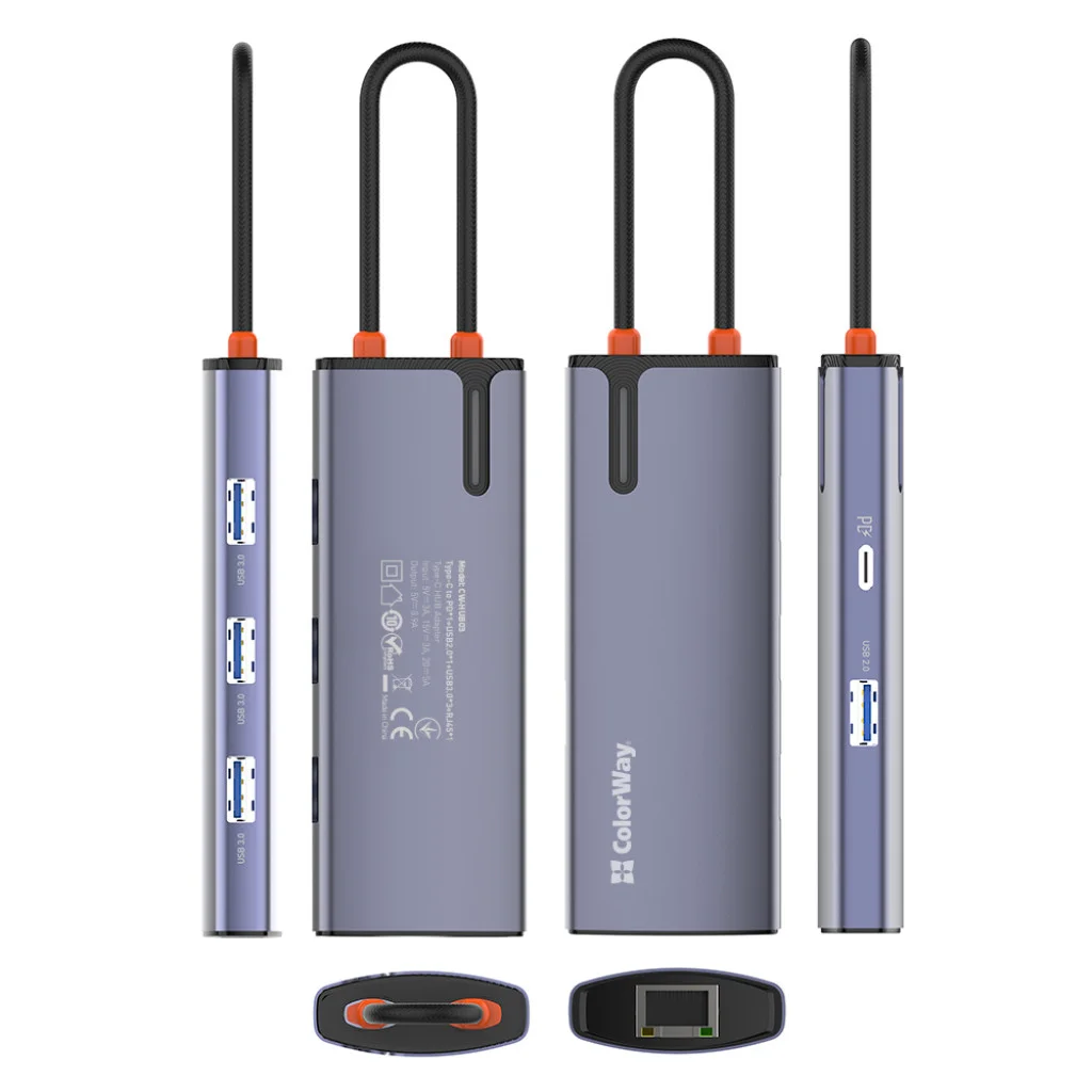 USB хаб (док-станція) СolorWay USB-C 6-в-1 Type C PD 100W/USB3.0х3/USB2.0/RJ45 (CW-HUB03)