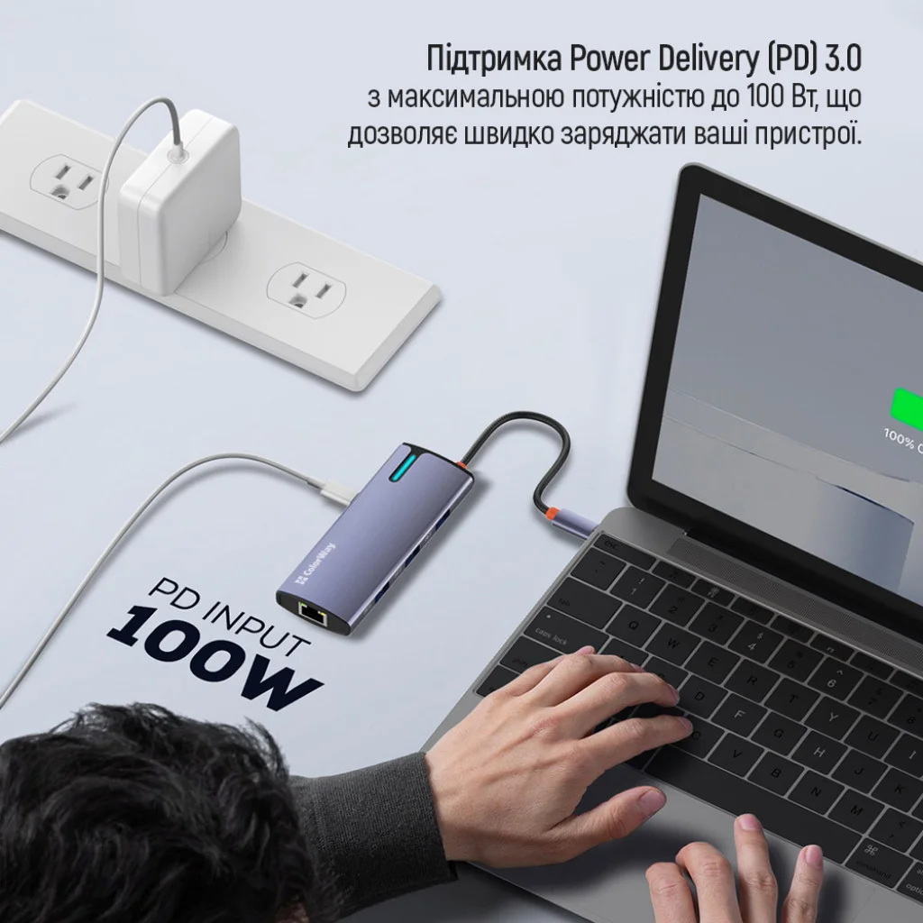 USB хаб (док-станція) СolorWay USB-C 6-в-1 Type C PD 100W/USB3.0х3/USB2.0/RJ45 (CW-HUB03)