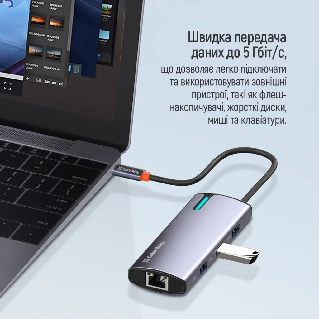 USB хаб (док-станція) СolorWay USB-C 6-в-1 Type C PD 100W/USB3.0х3/USB2.0/RJ45 (CW-HUB03)