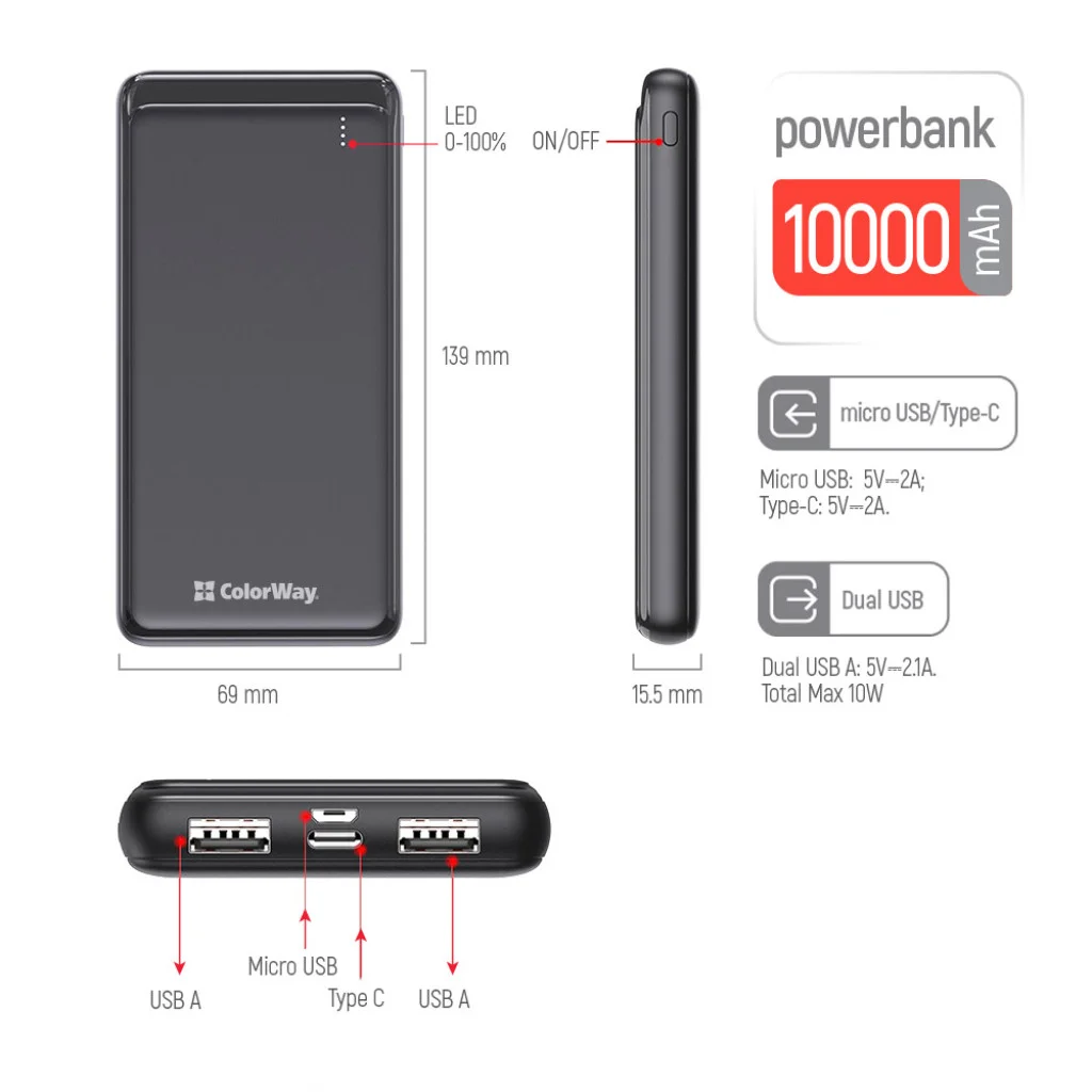 УМБ ColorWay 10000 mAh Slim Black (CW-PB100LPF2BK)