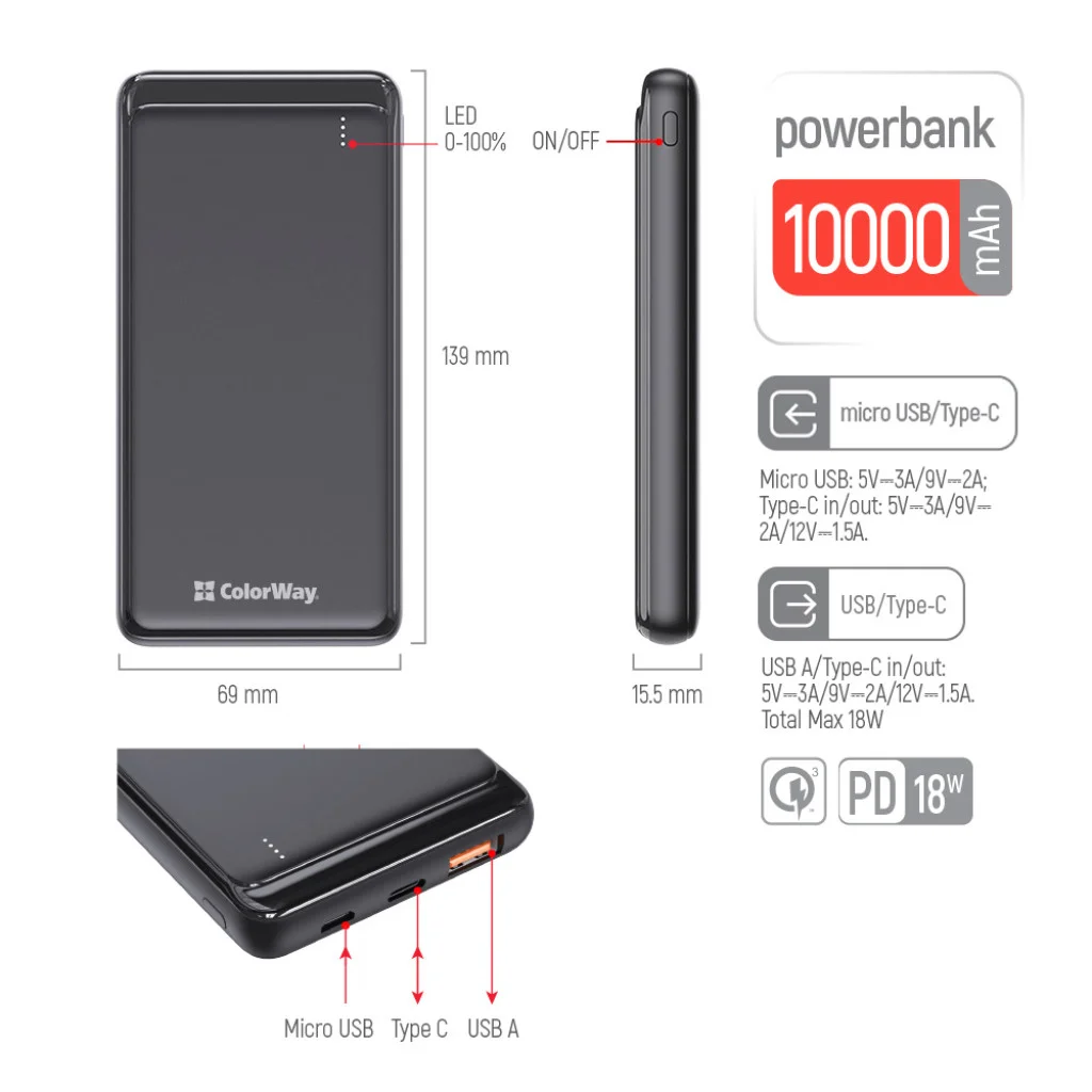 УМБ ColorWay 10000 mAh Slim 18W Black (CW-PB100LPG3BK-PD)